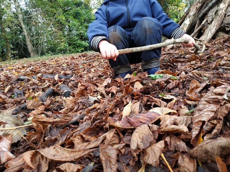 Un enfant accroupi dans les feuilles mortes tient un bâton